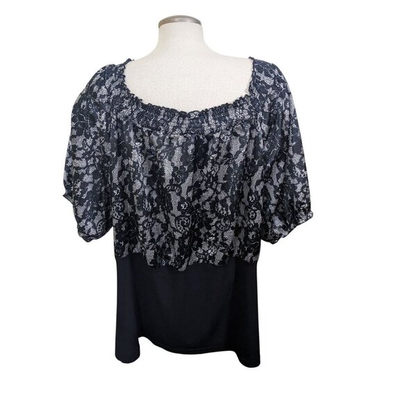 MXM Womens Plus Size 4X Blouse Black White Lace Print Puff Sleeve Ruched Front - Picture 5 of 8